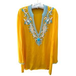 BOSTON PROPER | Yellow Turquoise Beaded Tunic Top Embellished V Neck | Medium